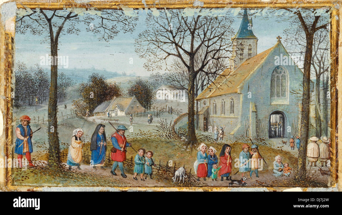 Simon Bening, Dorfbewohner auf dem Weg zur Kirche. Ca. 1550. Tempera-Farben und Goldfarbe auf Pergament. Das J. Paul Getty Museum Stockfoto