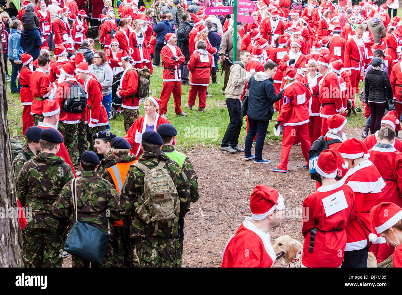 Hunderte von Benefizveranstaltungen gekleidet wie Weihnachtsmänner in der jährlichen "Santa Dash" um Geld für die Themse Hospiz Stiftung laufen. Phänomen Wald, Bracknell, Berkshire, England, GB, UK Stockfoto