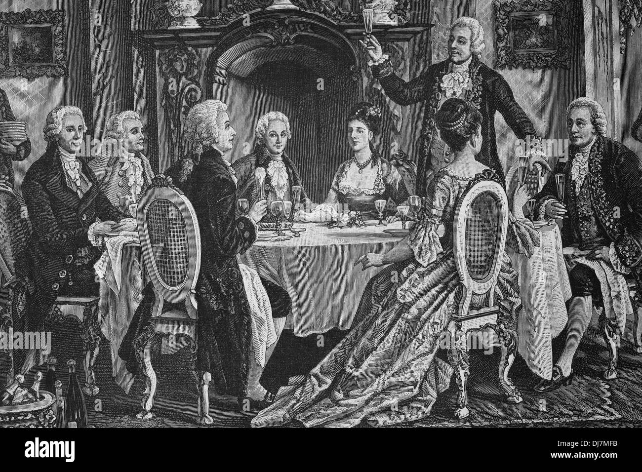 Bankett. Haydn, Albrechtsberger, Mozart, Salieri, Frau Cavalieri, Schikaneder, Frau Lange und Gluck. Stockfoto