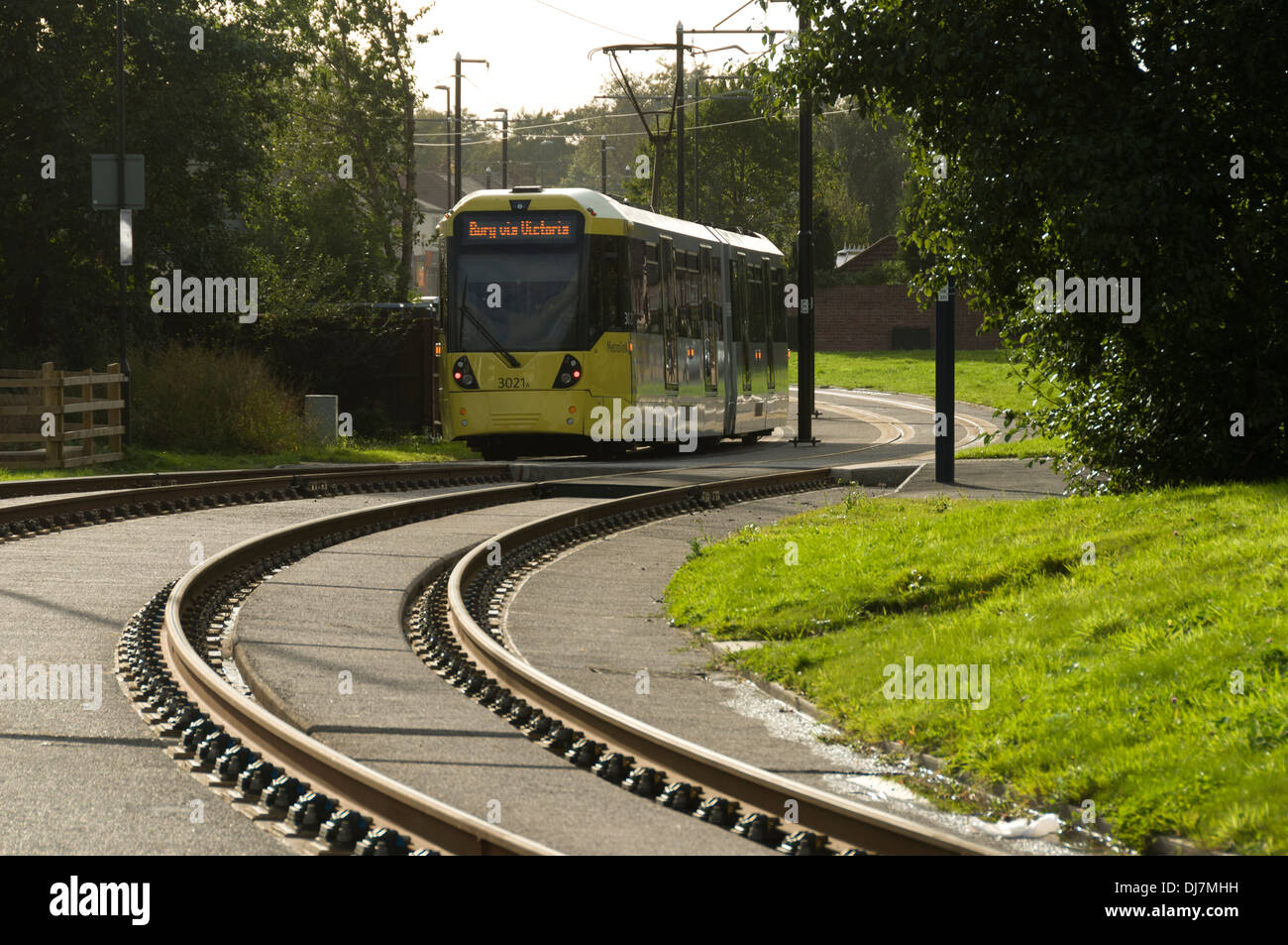 Metrolink-Straßenbahn auf der Ostlinie Manchester, Audenshaw, Ashton unter Lyne Tameside, Manchester, England, UK Stockfoto