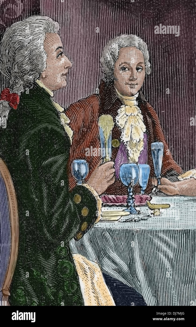Bankett zu Ehren Mozart. Komponisten Wolfgang Amadeus Mozart (1756-1791) und der italienische Komponist Antonio Salieri (1750 – 1750). Ger Stockfoto