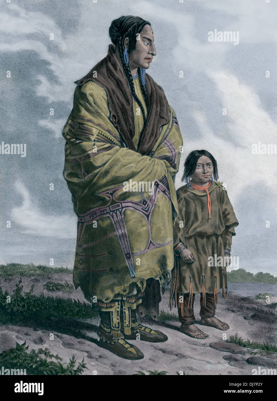 Nord-Amerika. Rote Indianer. Frau und Kind. Gravur. des 19. Jahrhunderts. Spätere Färbung. Stockfoto