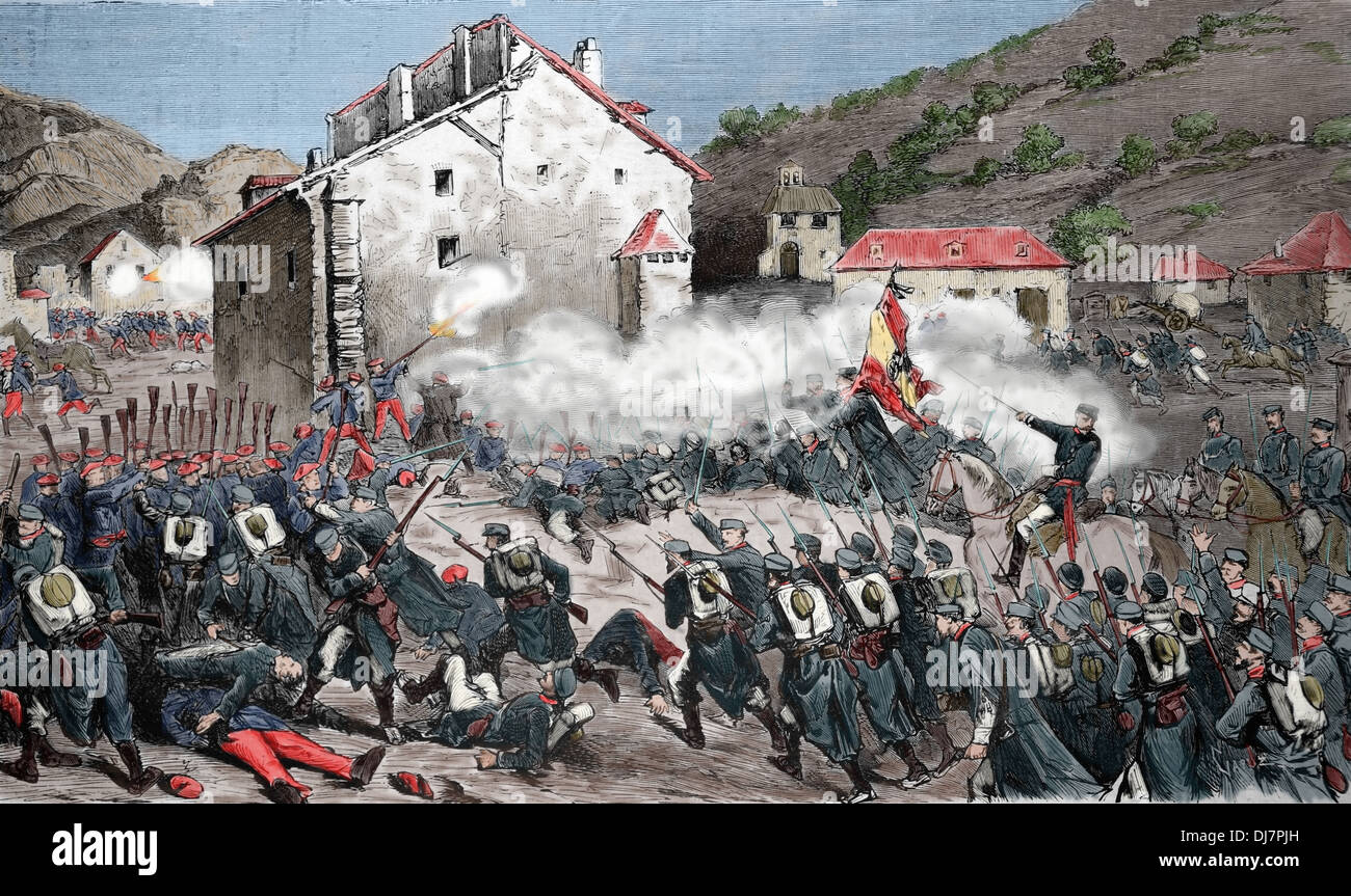 Spanien. Dritte Carlist War.1872-1876. Schlacht von Oroquieta, Navarra. 4. Mai 1872. Gravur. Spätere Färbung. Stockfoto