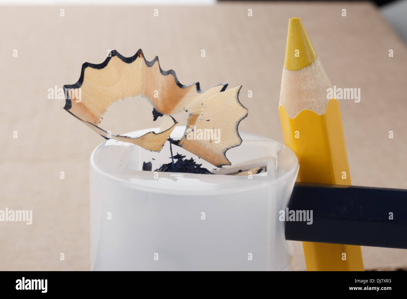 zwei Bleistifte und Anspitzer in den Prozess der Schärfung Stockfoto