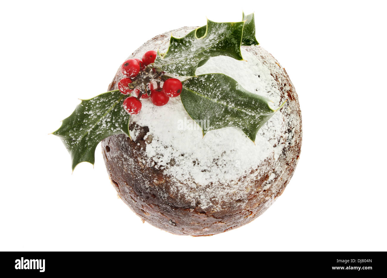 Holly geschmückt Christmas Pudding von oben gesehen Stockfoto