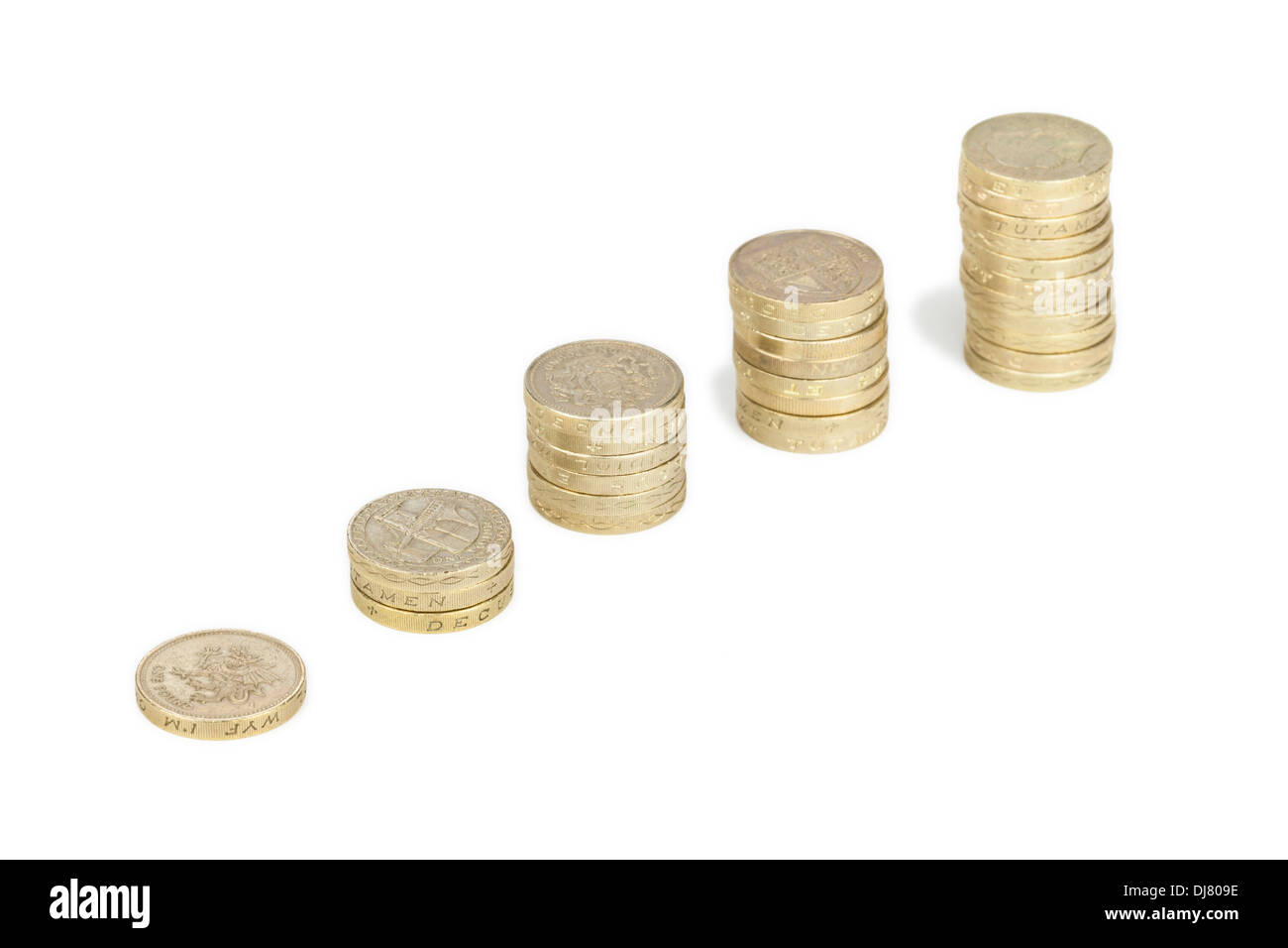 Stapel von britischen Pfund Sterling Pfund Münzen Stockfoto