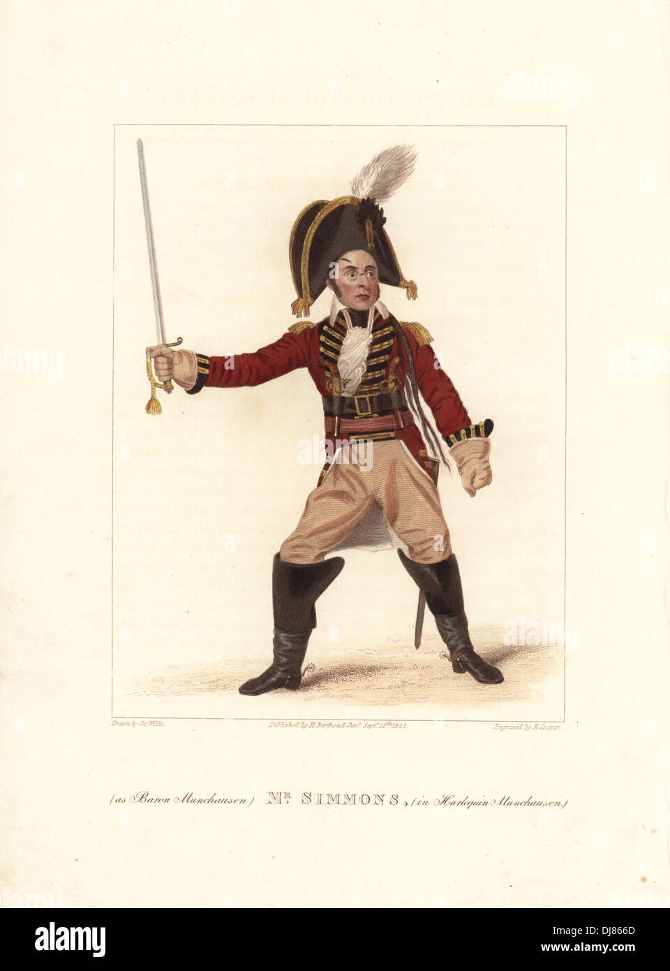 Herr Samuel Simmons als Baron Münchhausen in der Pantomime "Harlekin Münchhausen" am Theatre Royal Covent Garden. Stockfoto