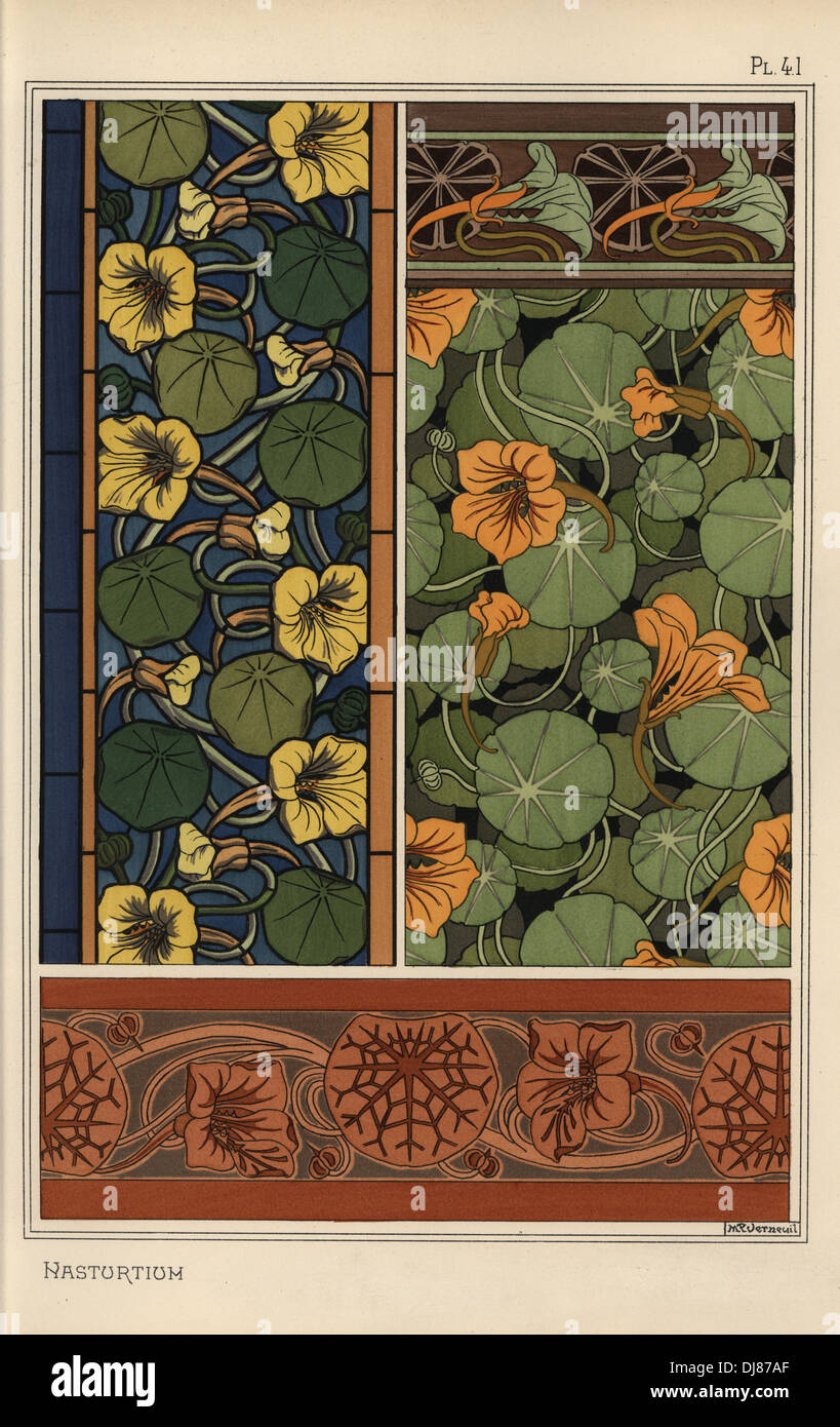 Kapuzinerkresse in Jugendstil-Muster für die Tapete, Bordüren und Glasmalerei. Stockfoto
