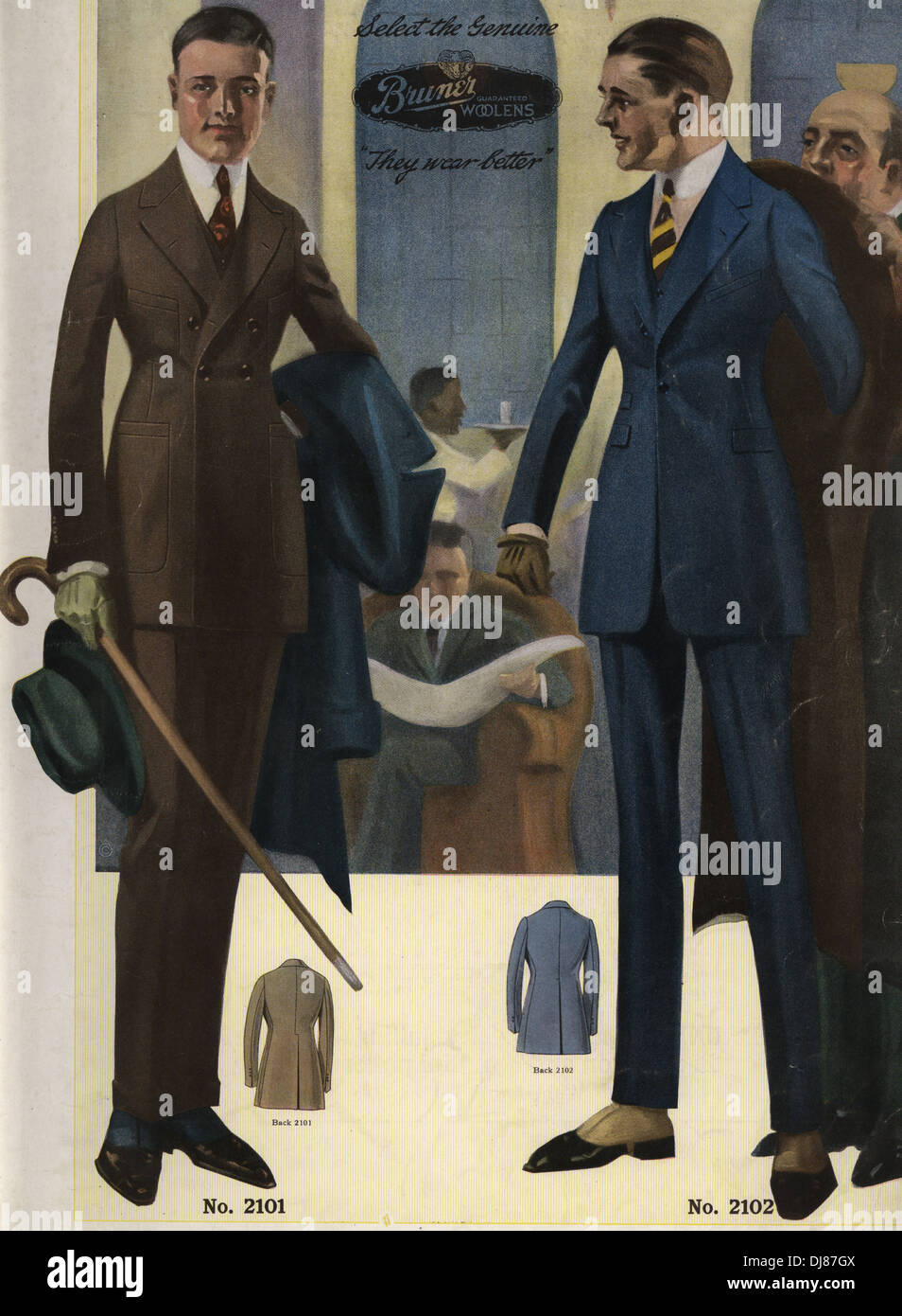 Zwei-Knopf-Einreiher Herrenanzug in Sack, mit Hotel-Lobby-Szene im Hintergrund. Stockfoto