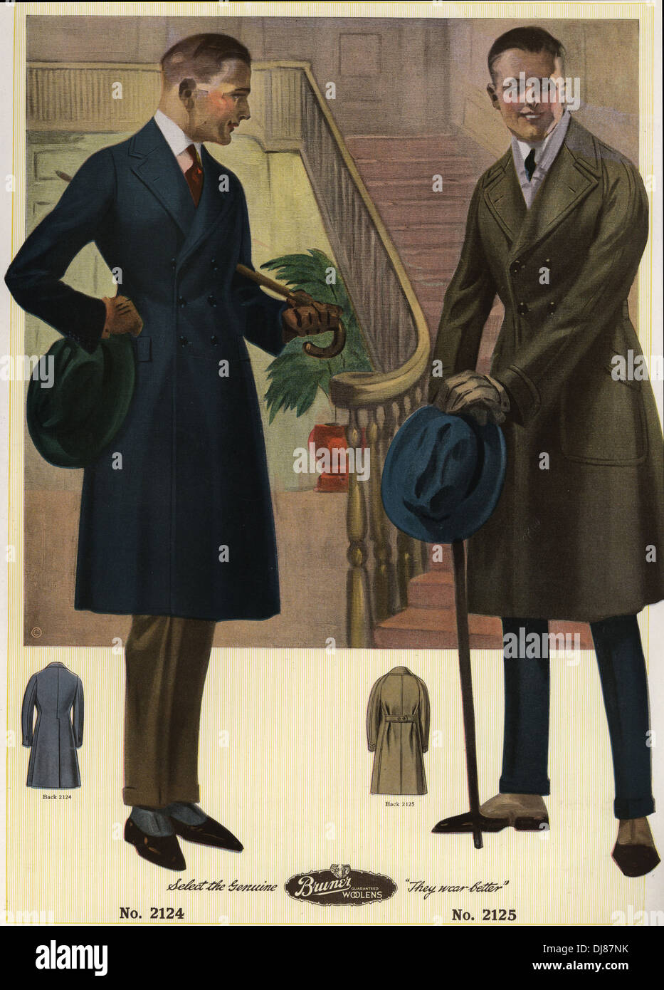 Männer in zweireihigen Mänteln mit Stöcken und Hüte, Gamaschen tragen. Stockfoto