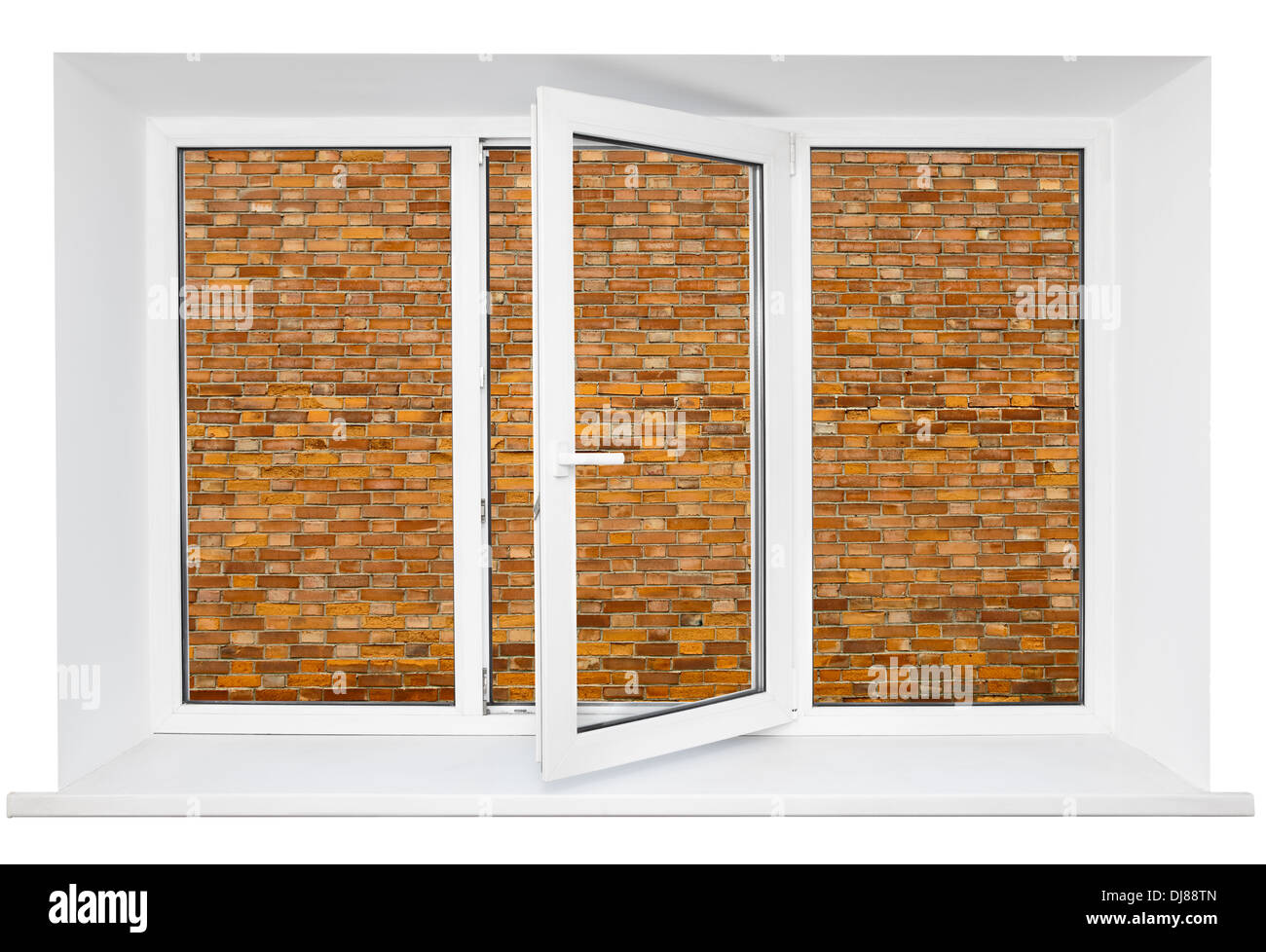 Weiße Kunststoff Ausschnitt dreifach Türfenster mit Mauer im Inneren Stockfoto