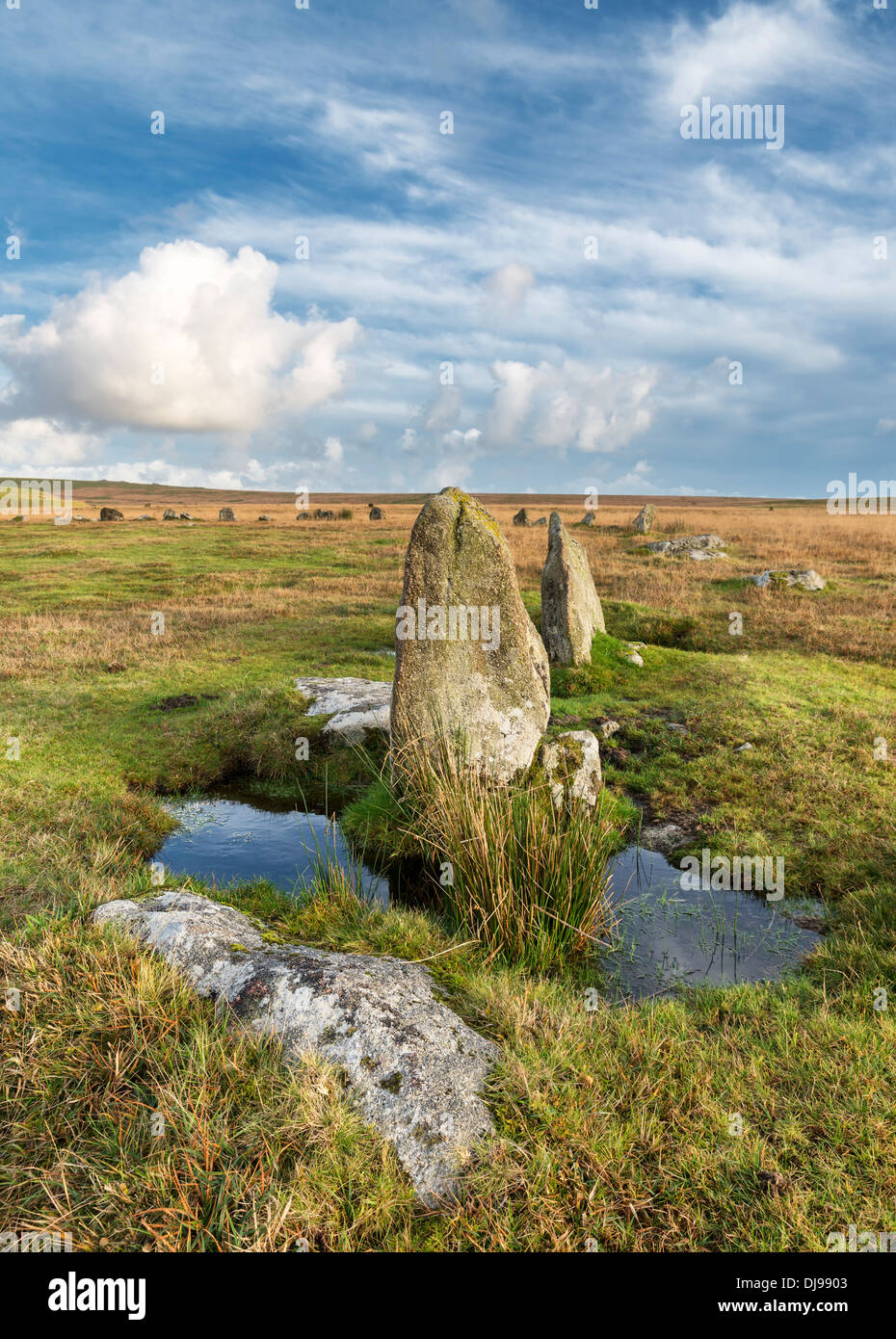 Stehenden Steinen an der Stannon Stone Circle unter rauen Tor auf Bodmin Moor in Cornwall Stockfoto