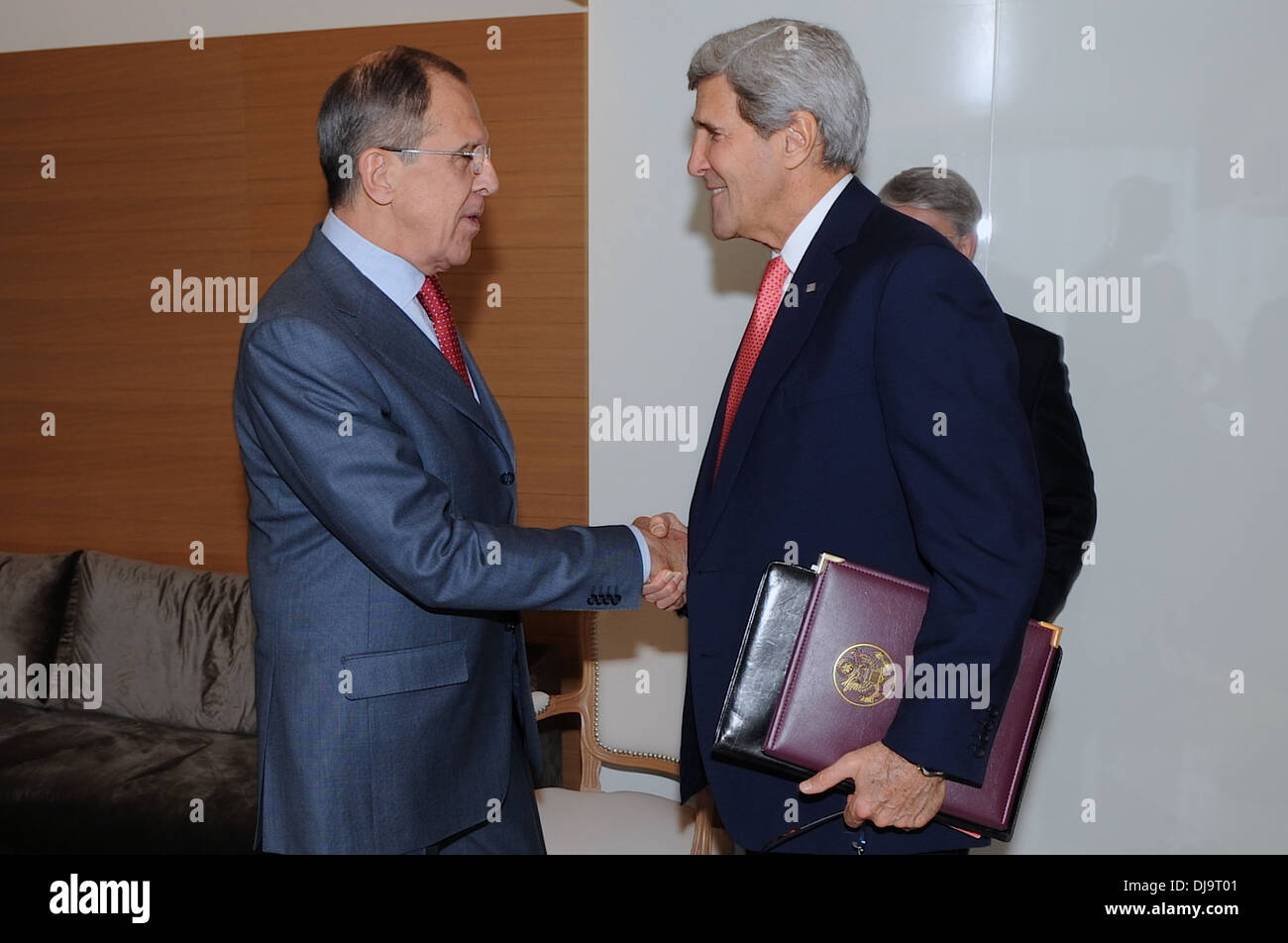 John Kerry Johnkerry Sergej Lawrow Sergeylavrov Russland Schweiz Genf Iran Stockfoto