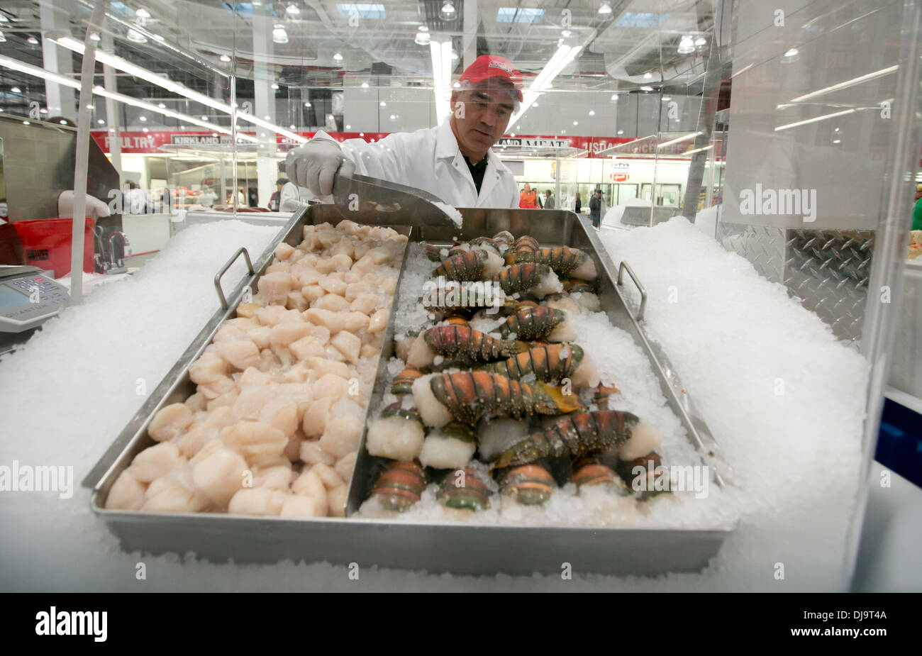 Männliche Hispanic COSTCO Store Lagermitarbeiter stellt Eis an frischen Meeresfrüchten im neuen Store in Cedar Park, Texas Stockfoto