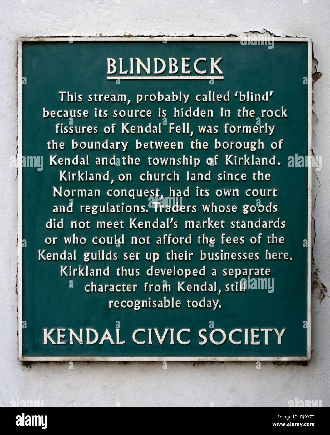 Beschreibende Plaque. BLINDBECK. Kirkland, Kendal, Cumbria, England, Vereinigtes Königreich, Europa. Stockfoto