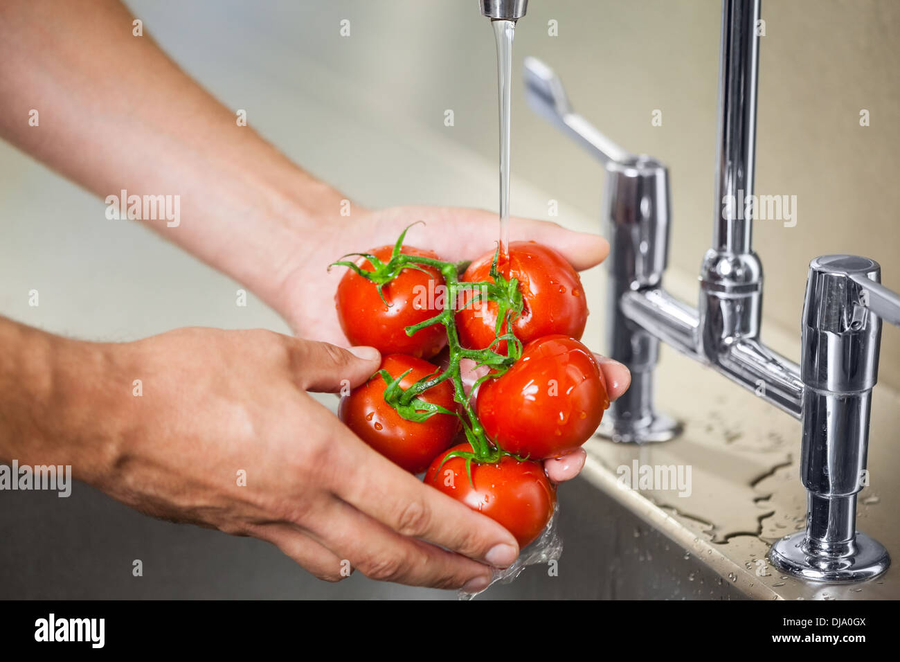 Küche Porter waschen Tomaten unter fließendem Leitungswasser Stockfoto