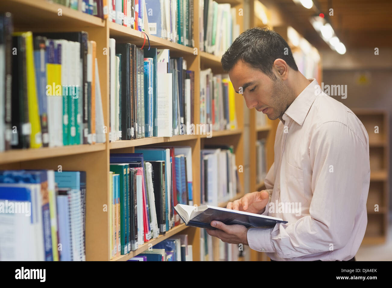 Intellektuellen Mann liest ein Buch steht in der Bibliothek Stockfoto