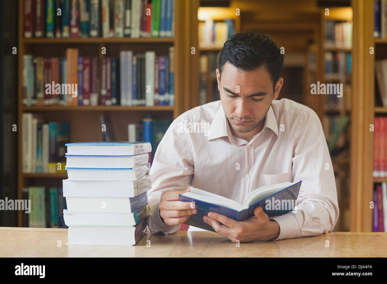 Intellektuelle attraktive Mann liest konzentriert ein Buch Stockfoto