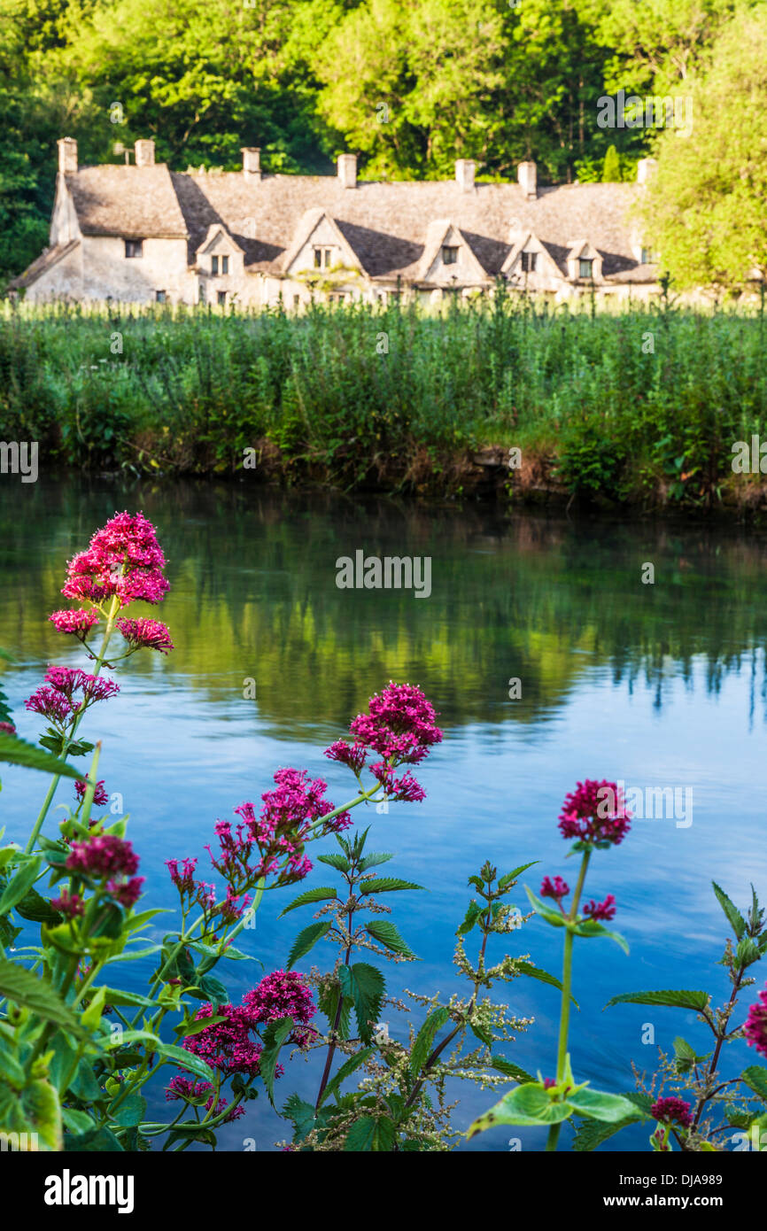 Blick über den Fluss Coln und Rack Isle Wasser Wiese zu den berühmten Arlington Row Cottages in Cotswold Dorf von Bibury. Stockfoto