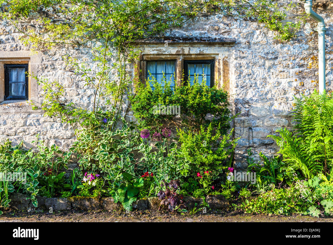 Verbleit Lichtfenster und Vorgarten in der berühmten Arlington Row der Weber Cottages in Cotswold Dorf von Bibury. Stockfoto