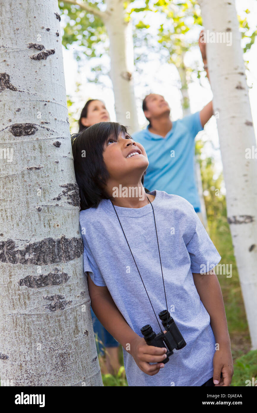 Junge mit dem Fernglas im Wald Stockfoto