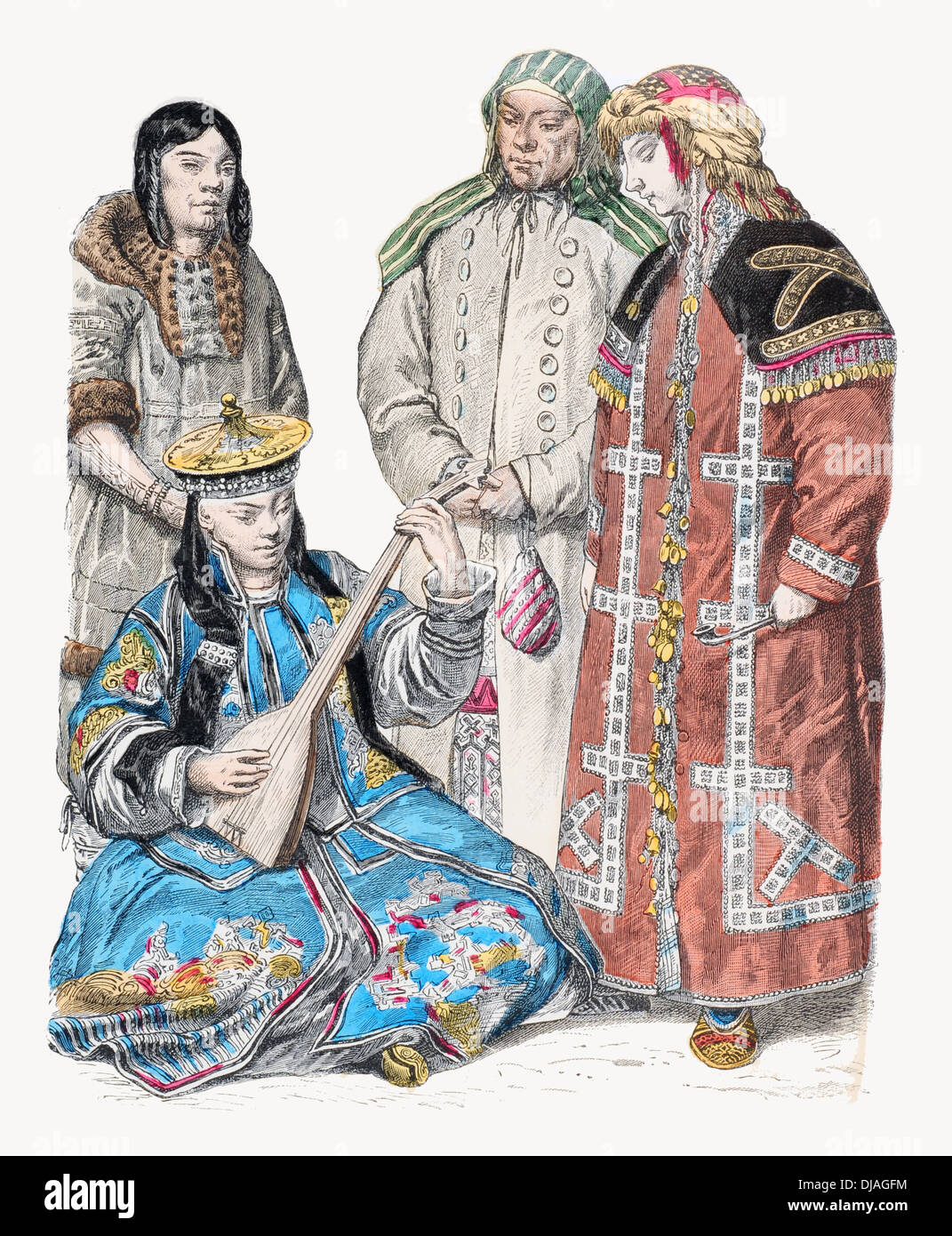 19. Jahrhundert XIX Kostüme links rechts Frau aus Tsinghai, Musiker Buryat Mongolei, Tchuktche Frau, Obdorsk sibirische Frau Stockfoto