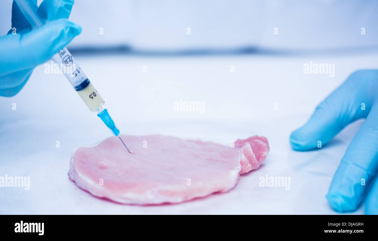 Nahaufnahme von Forscher behandschuhten Hände Injektion von Fleisch Stockfoto