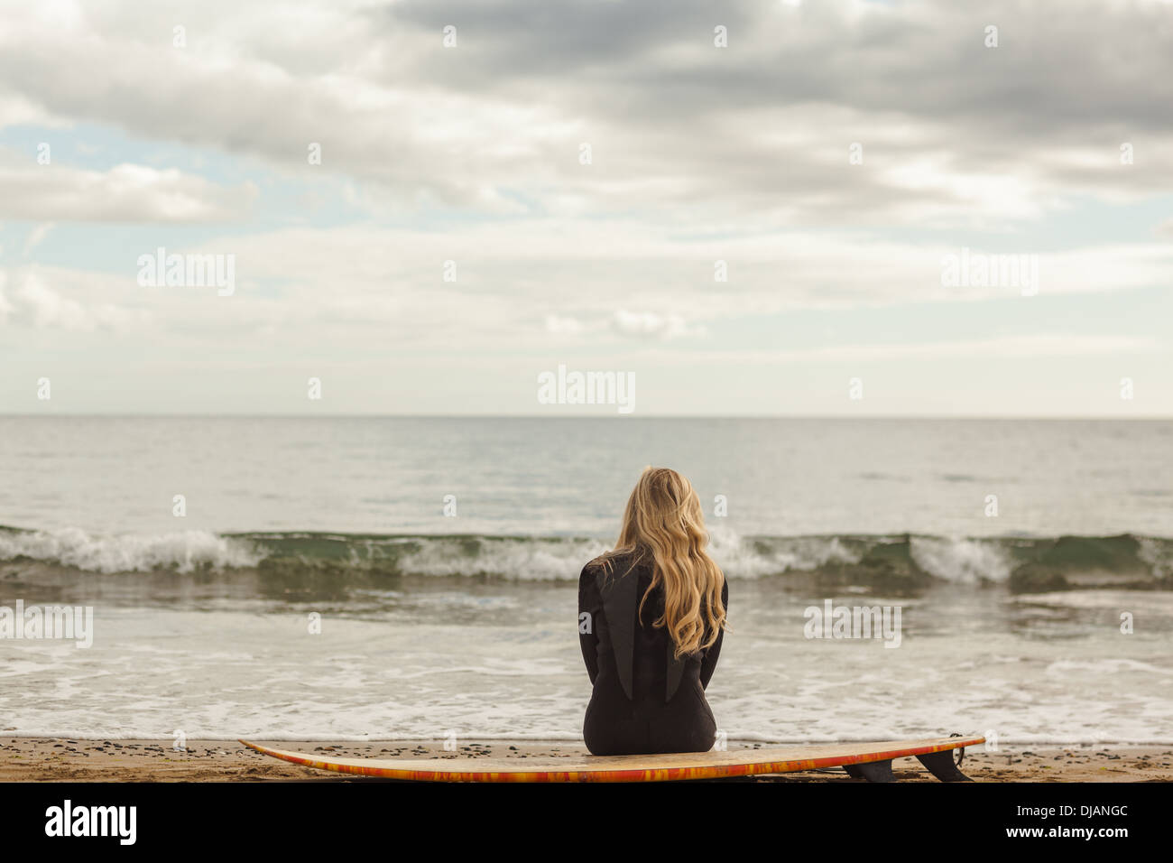 Rückansicht des Blond im Neoprenanzug mit Surfbrett am Strand Stockfoto
