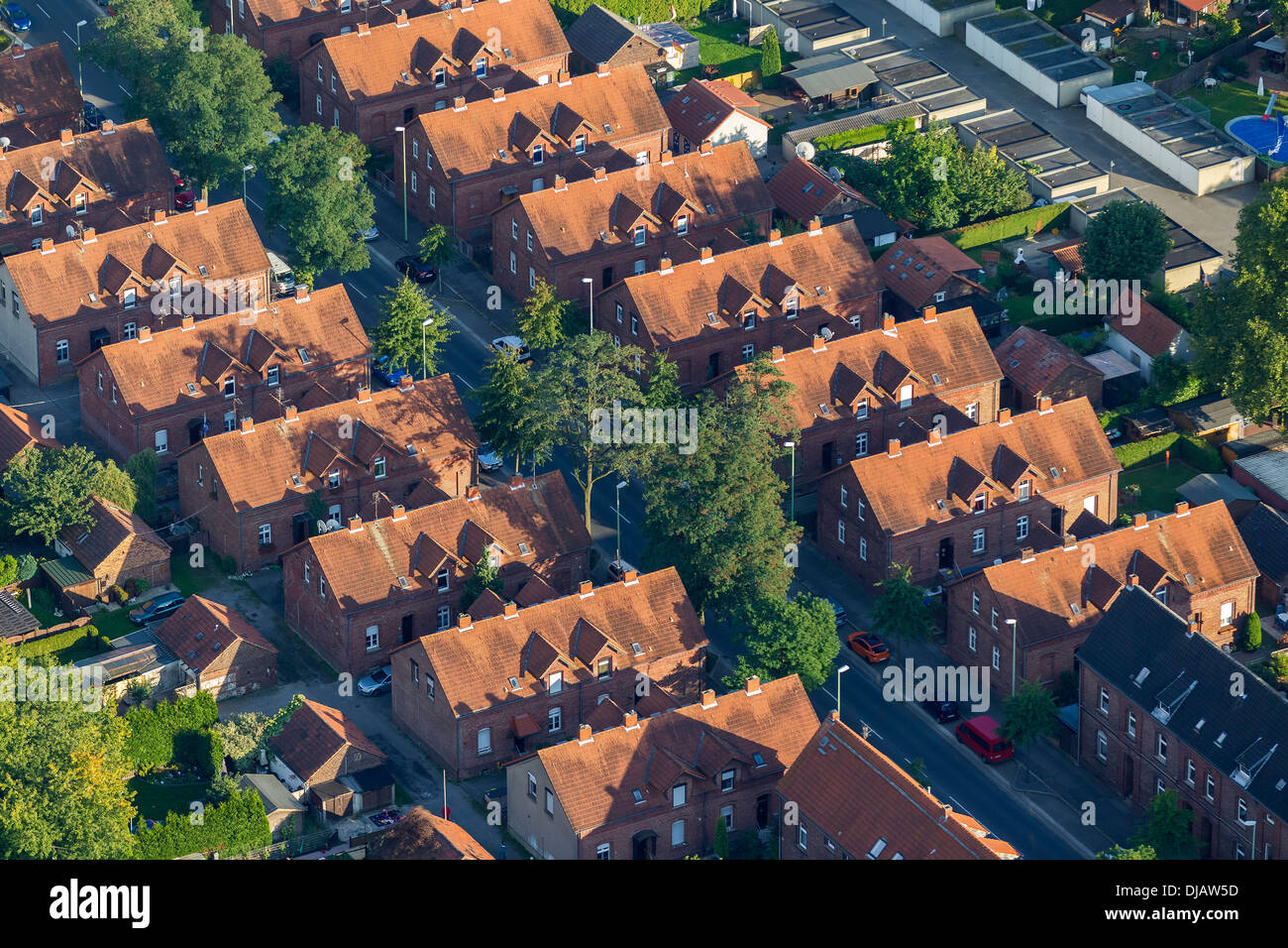 Luftaufnahme, Bergarbeiter Siedlung, Reihenhäuser, Rentfort, Gladbeck, Nordrhein-Westfalen, Deutschland Stockfoto