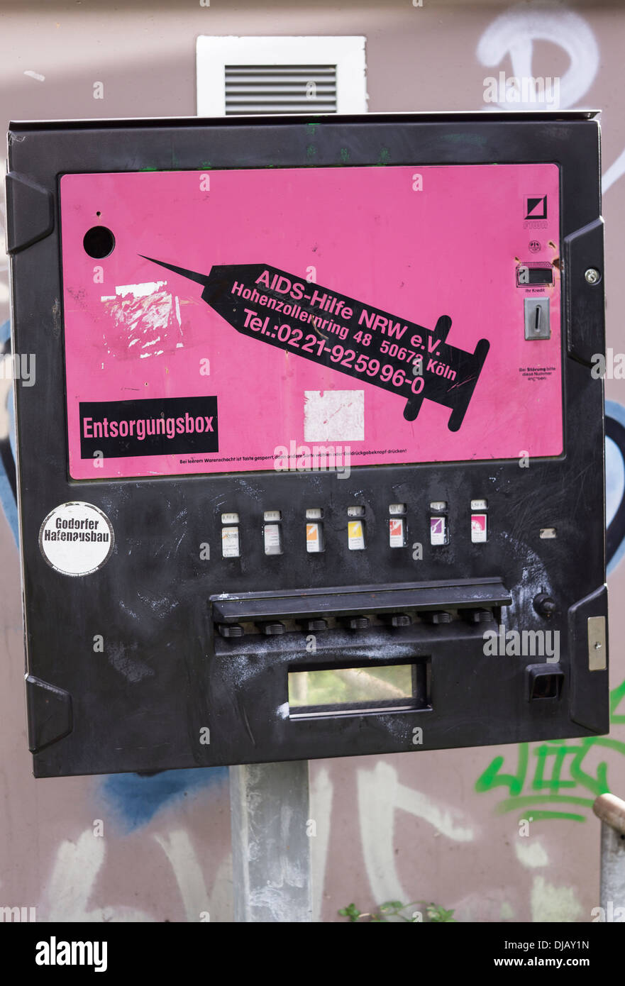 Nadel-Austausch-Box für sichere Entsorgung und den Austausch von gebrauchte Spritzen gegen neue und sterile, Köln, Nord Rhein-Westfalen Stockfoto