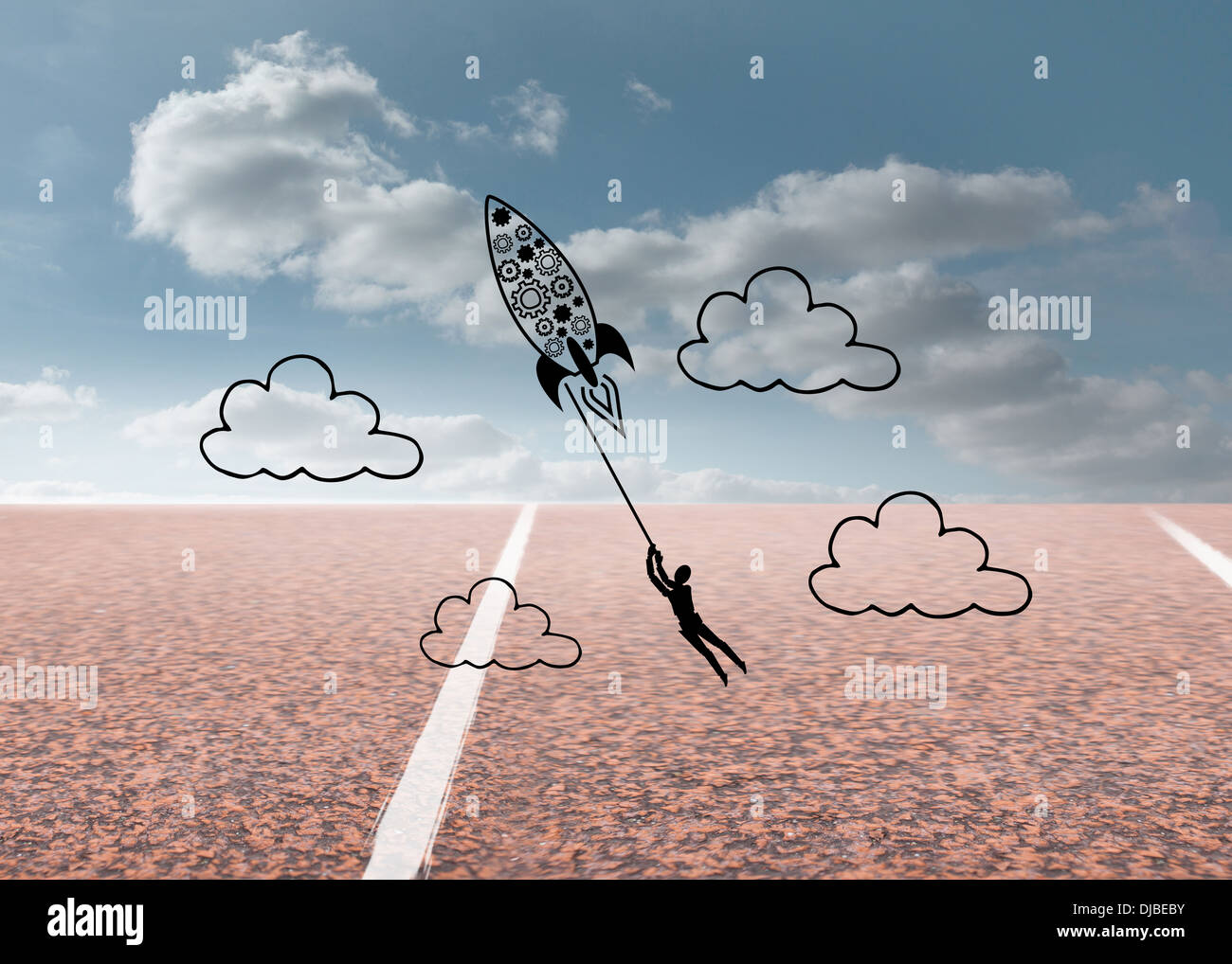 Rakete mit Mann im Himmel Stockfoto