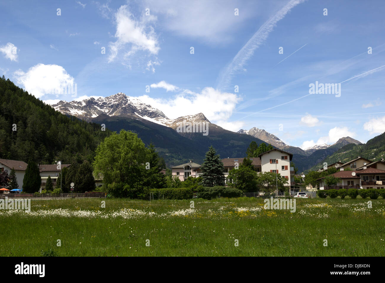 Le Prese ist eine Stadt im Val Poschiavo, Graubünden, Schweiz, Teil der Gemeinde Poschiavo. Es befindet sich am nördlichen Ende des Stockfoto