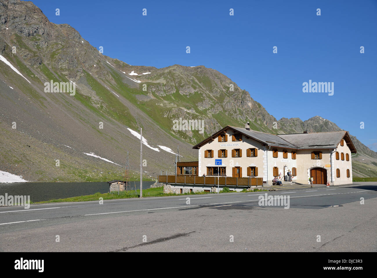 Flüela Pass, Alpenpass mit Hotel Flüela-Hospiz, Unterengadin, Kanton Graubünden, Schweiz, Europa Stockfoto