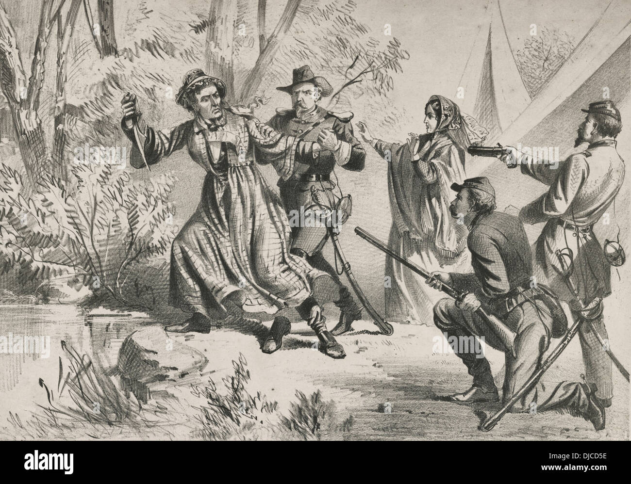 Jeffs letzten Schicht-Jefferson Davis erfasst nach USA Bürgerkrieg in der Kleidung der Frau Stockfoto