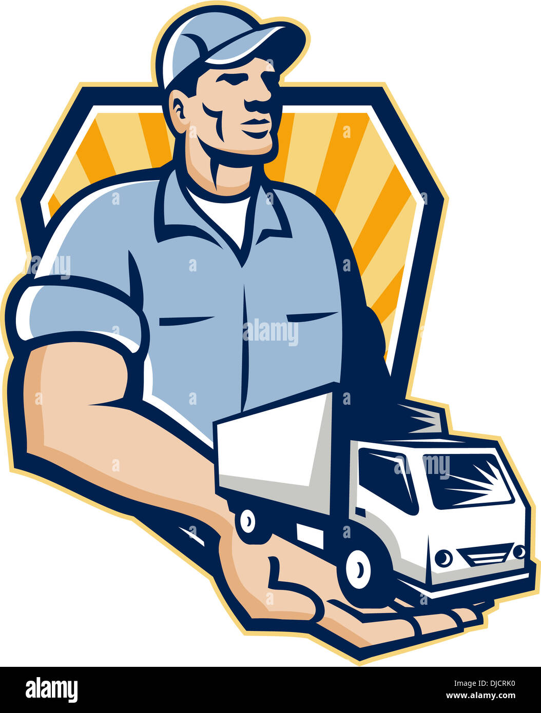 Illustration einer Entfernung Mann Lieferung Kerl mit beweglichen LKW van auf seine Handfläche Übergabe an Sie fest in Schild Kreis getan im retro-Stil. Stockfoto