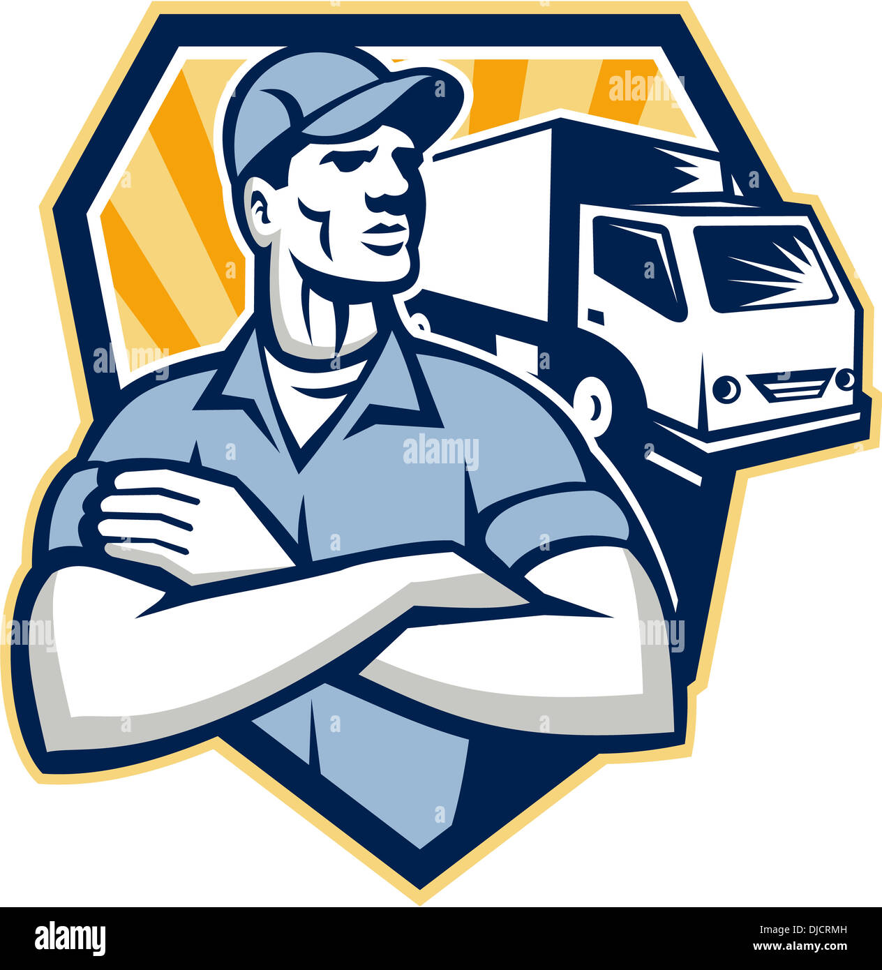 Illustration einer Entfernung Mann Lieferung Kerl mit beweglichen LKW van im Hintergrund im inneren Halbkreis im retro-Stil gemacht. Stockfoto