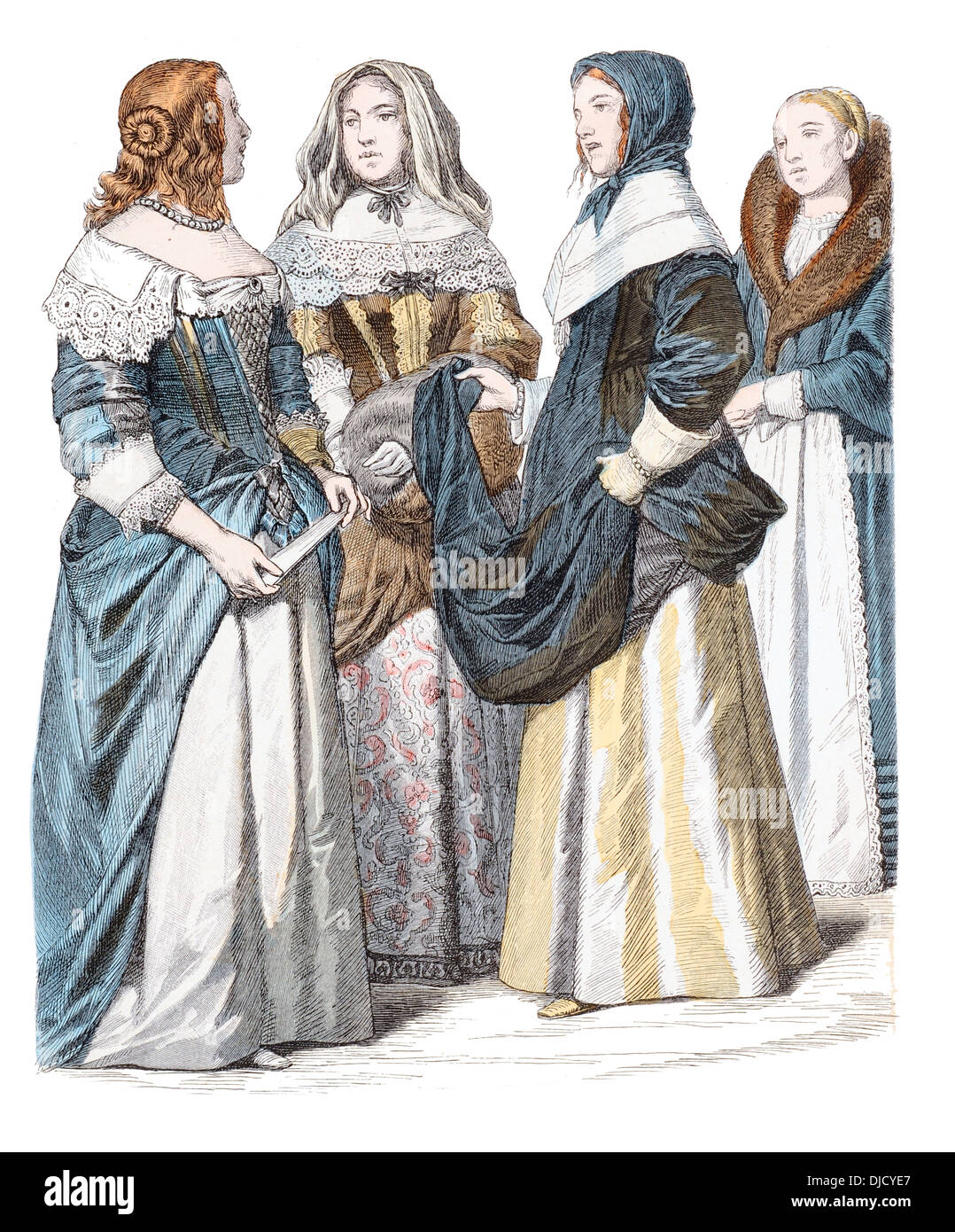 17. Jahrhundert XVII1600s (von links nach rechts) englischen Adligen Dame, französische Damen aus Paris-Rouen-Dieppe. Stockfoto
