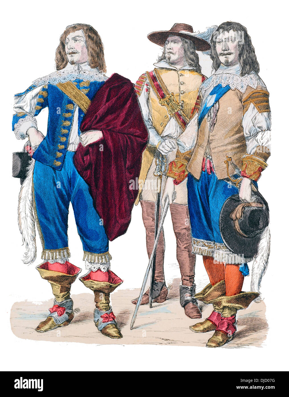 17. Jahrhundert XVII der 1600er englischen Adeligen Kostüm (von links