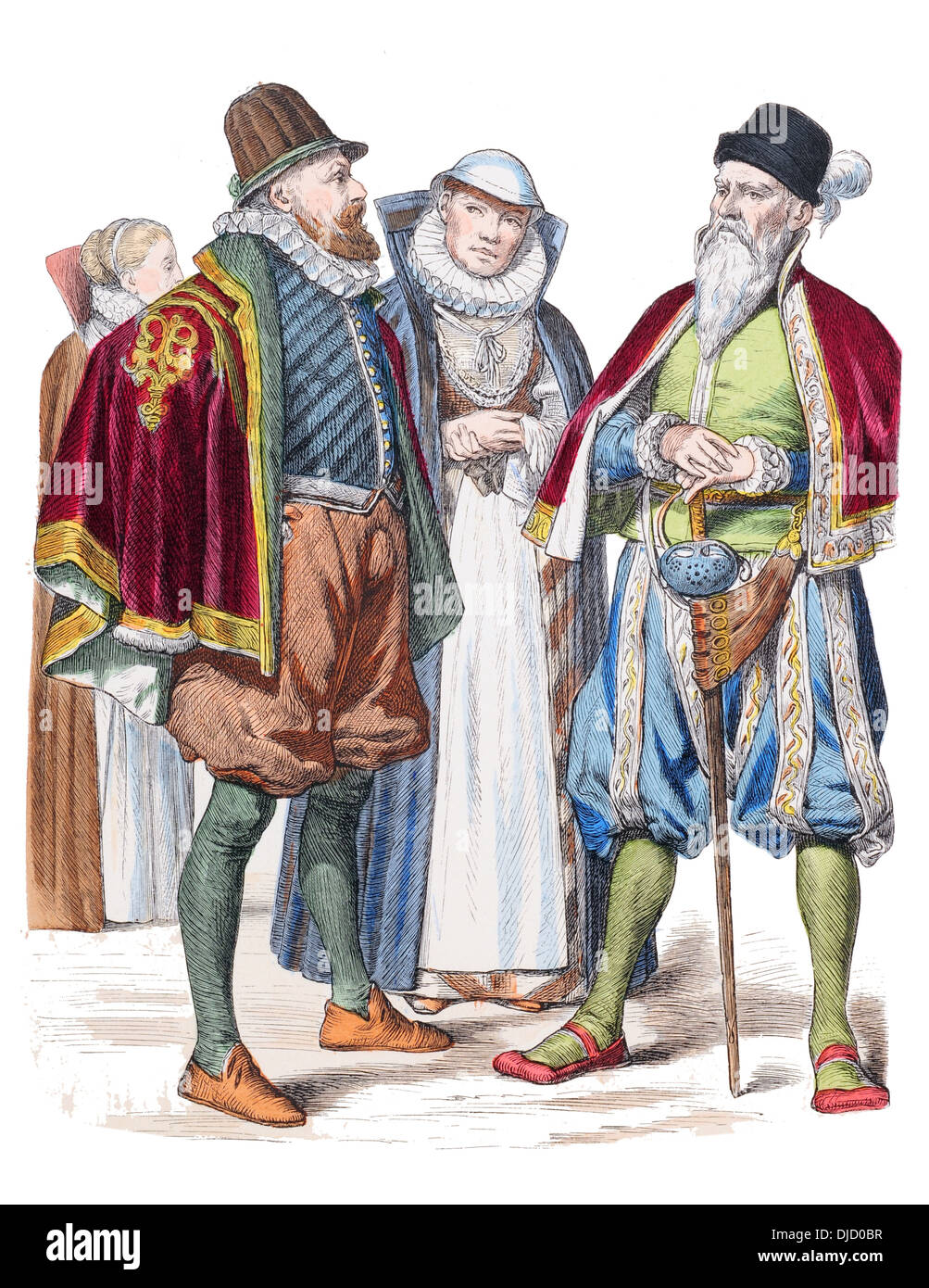 16. Jahrhundert XVI 1500er Jahren Deutsch Kostüme (links nach rechts) Frau Rostock, Hofrat und Ehefrau von Wismar und Mann aus Diethmarschen Stockfoto