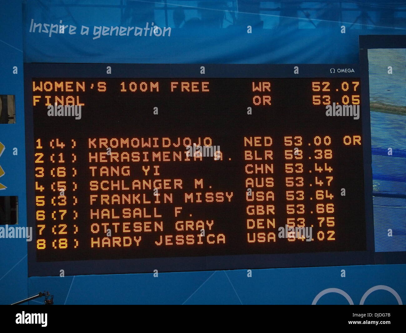 Olympischen Spiele 2012 in London schwimmen Wettbewerb: Frauen 100 m Freestyle-London, England - 02.08.12 ** nicht zur Veröffentlichung in Deutschland zur Verfügung.  Zur Veröffentlichung in den Rest der Welt ** Kredit (obligatorisch) zur Verfügung: ATP/WENN.com Stockfoto