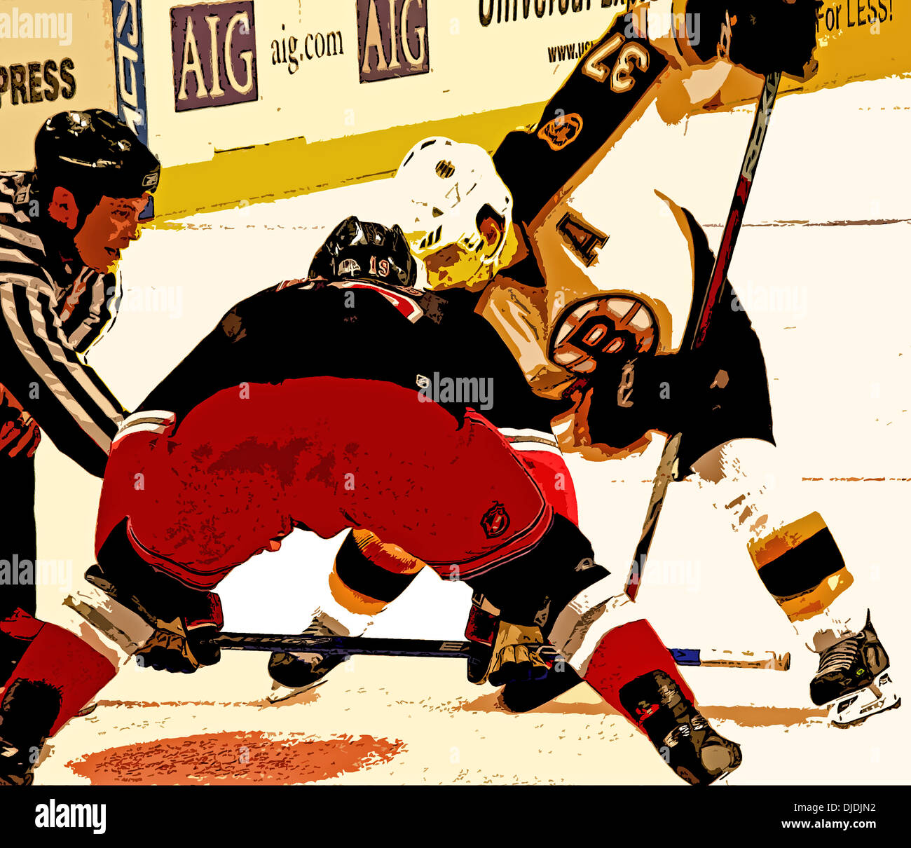 Faceoff in einem NHL-Eishockey-Spiel zwischen den New York Rangers und den Boston Bruins in New York geändert in Photoshop. Stockfoto