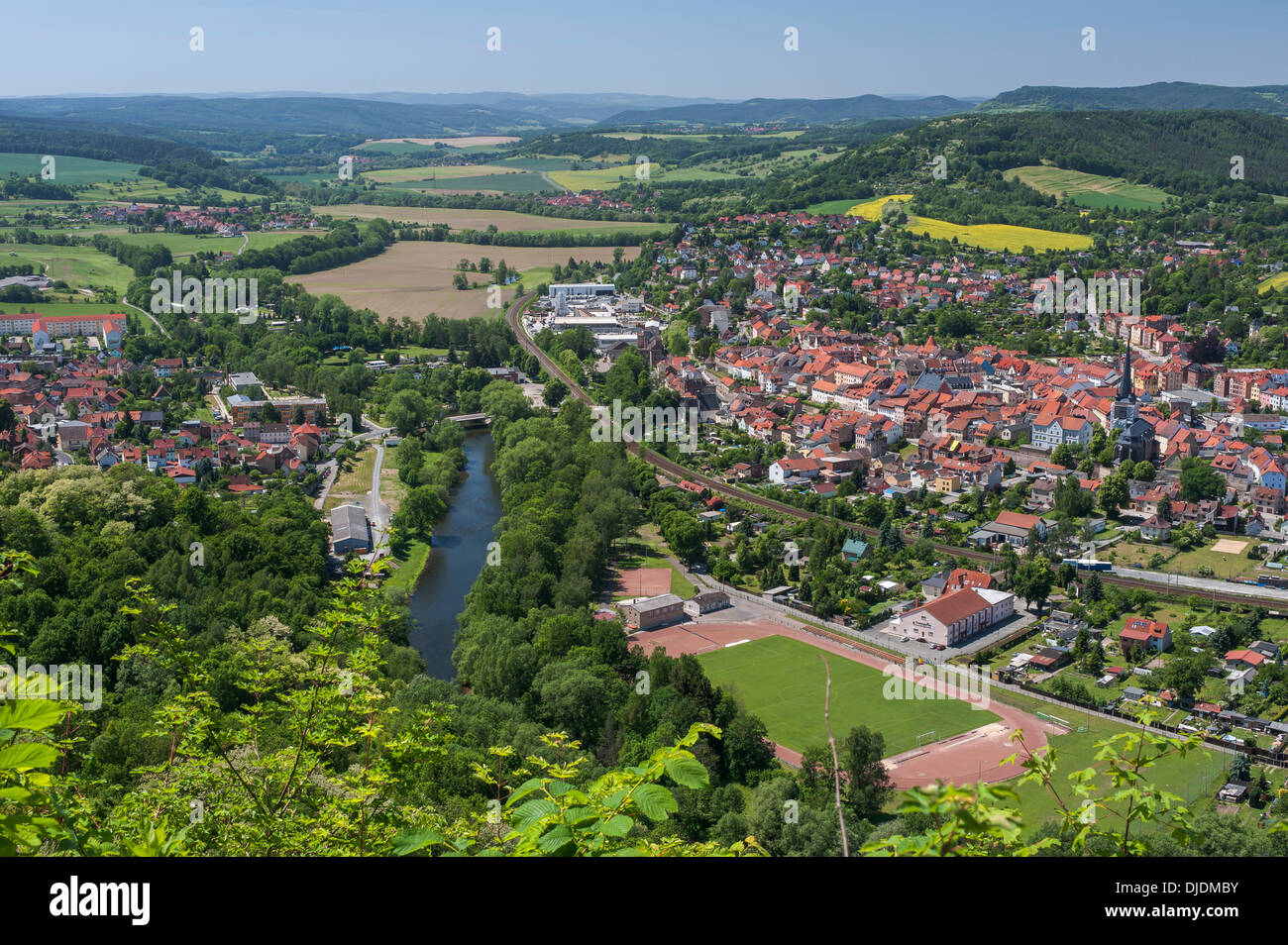 Blick auf die Stadt Kahla, Saaletal, Thüringen, Deutschland Stockfoto