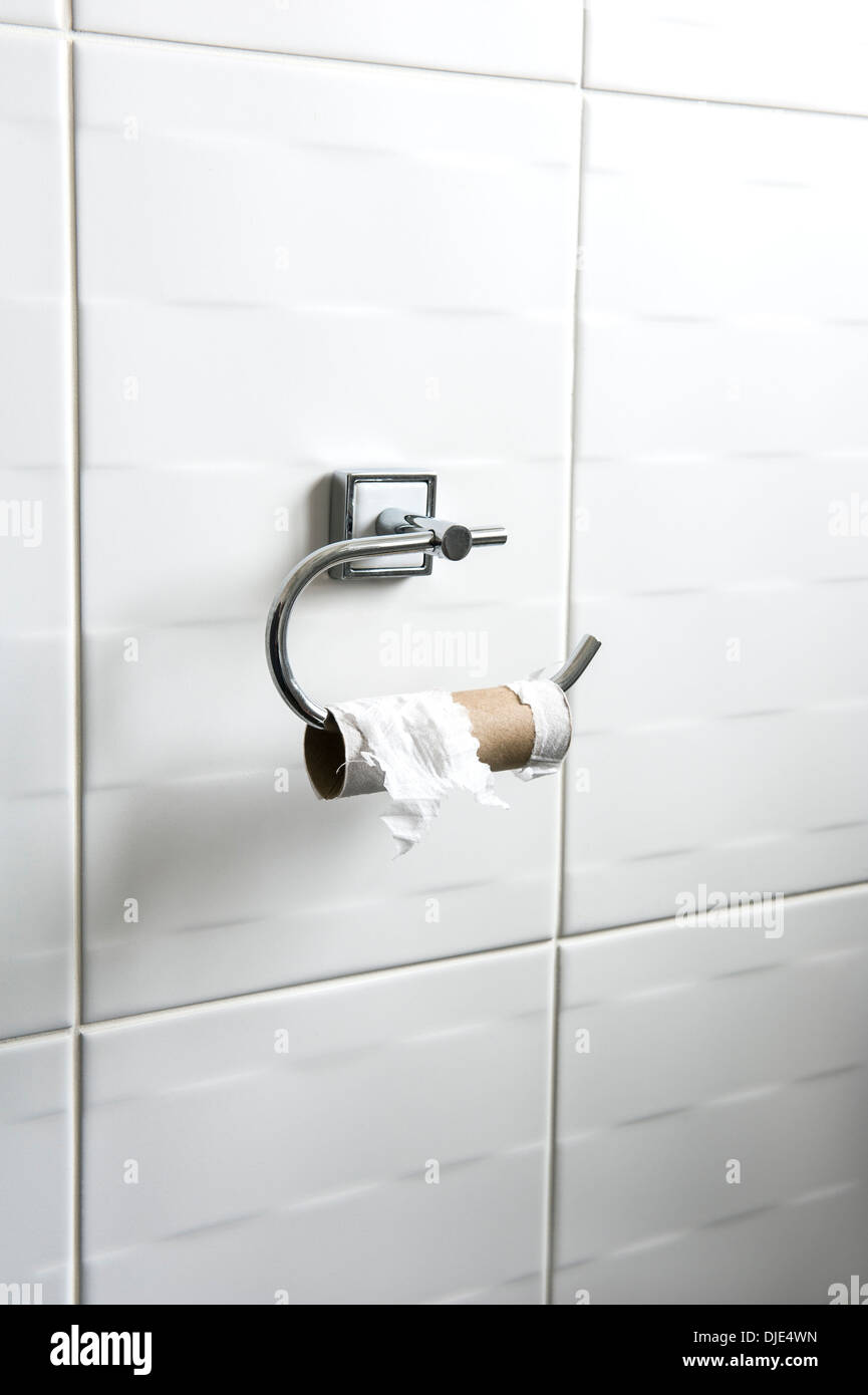 Leere Toilettenpapierrolle auf Halter. Peinliches Problem, schwierige Situation. Stockfoto