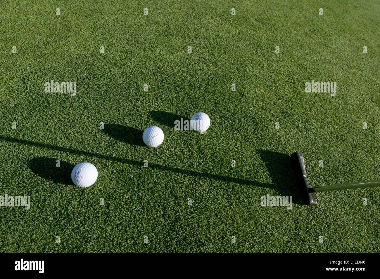 Sep 01, 2004; Los Angeles, Kalifornien, USA; Golfbälle und Putter in einem der vielen driving Ranges in Südkalifornien. Spiel des Golfs, Puttinggreen. Stockfoto