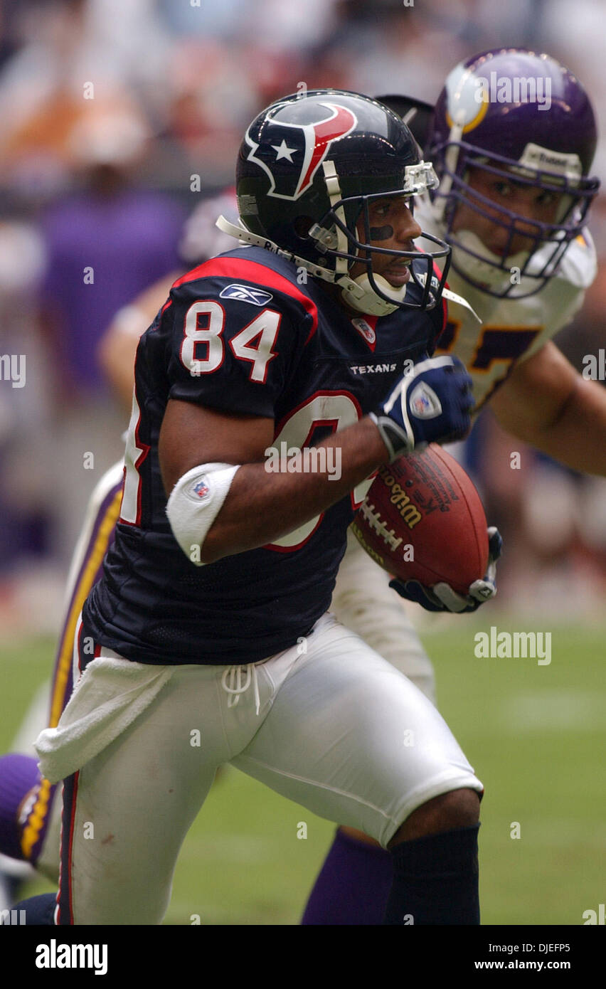 10. Oktober 2004; Houston, TX, USA; NFL-Football: Houston Texans WR J.J. Moses trägt den Ball gegen Minnesota, Sonntag, 10. Oktober 2004, in der zweiten Hälfte im Reliant Stadium in Houston. Stockfoto