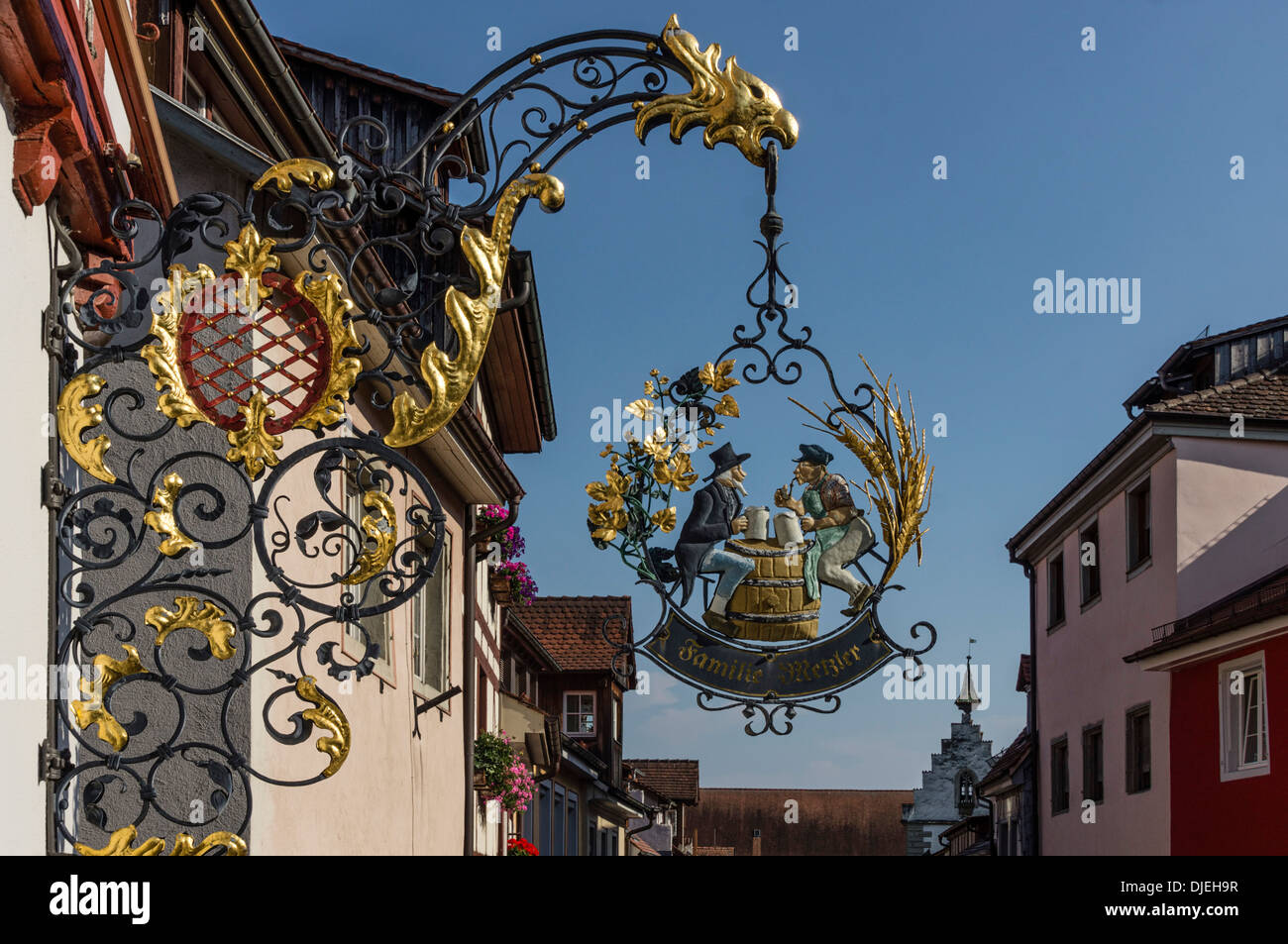 Überlingen, goldene Hotelschild, Bodensee, Baden Württemberg, Deutschland Stockfoto