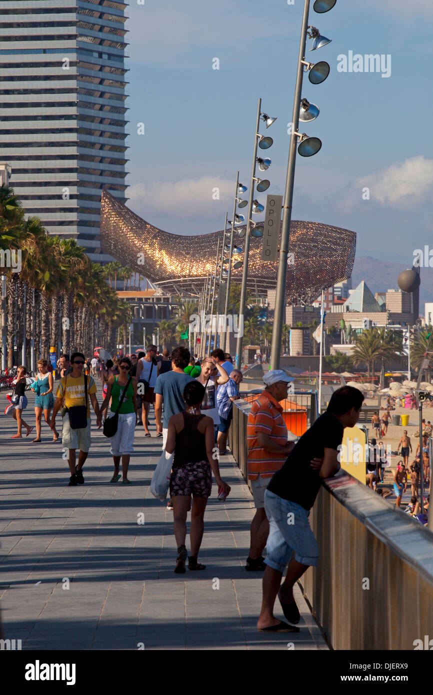 Menschen, die ein Spaziergang an der Promenade, Strand von Barceloneta, Barcelona Stockfoto