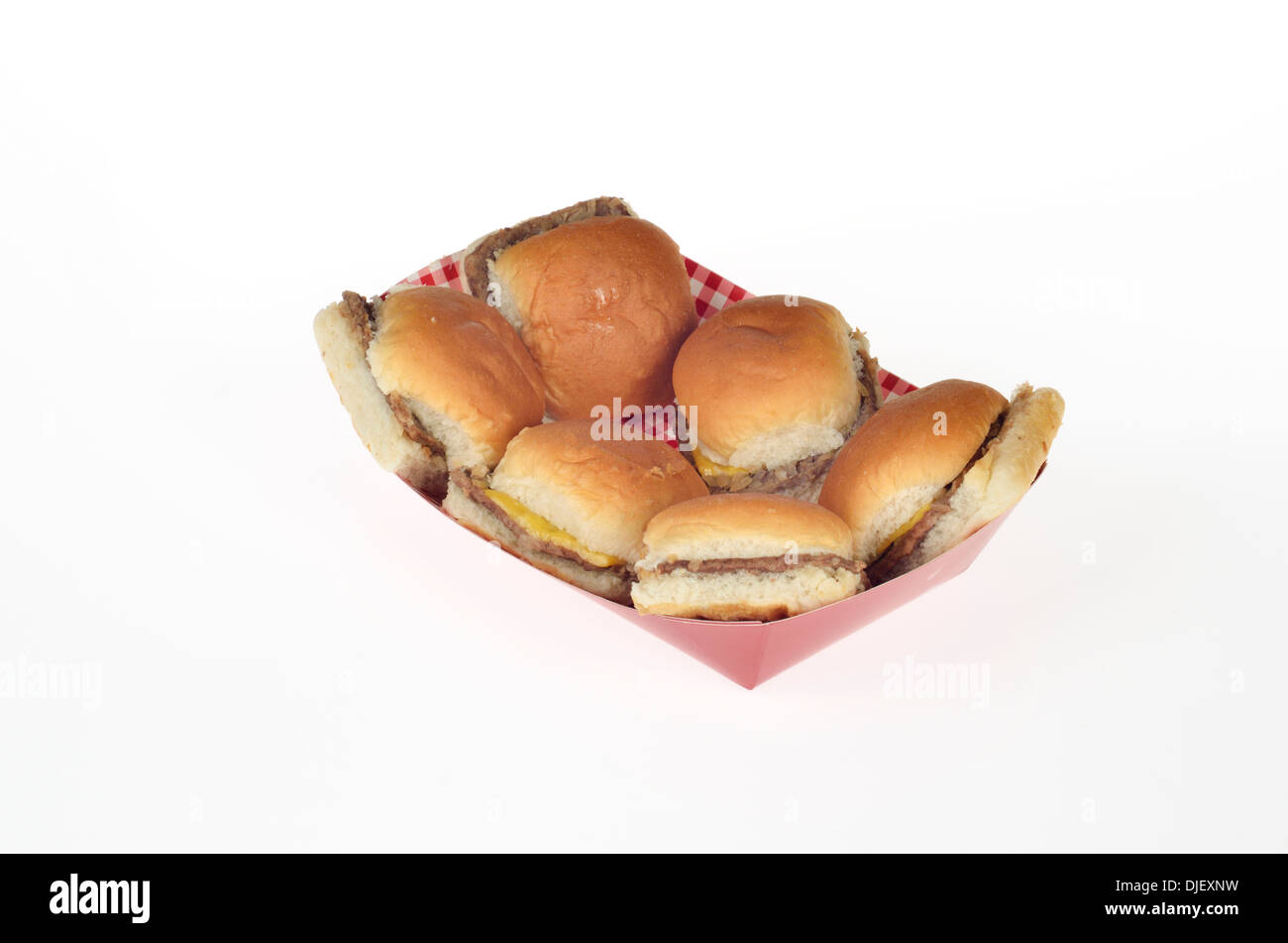 Korb mit Cheeseburger sliders Stockfoto