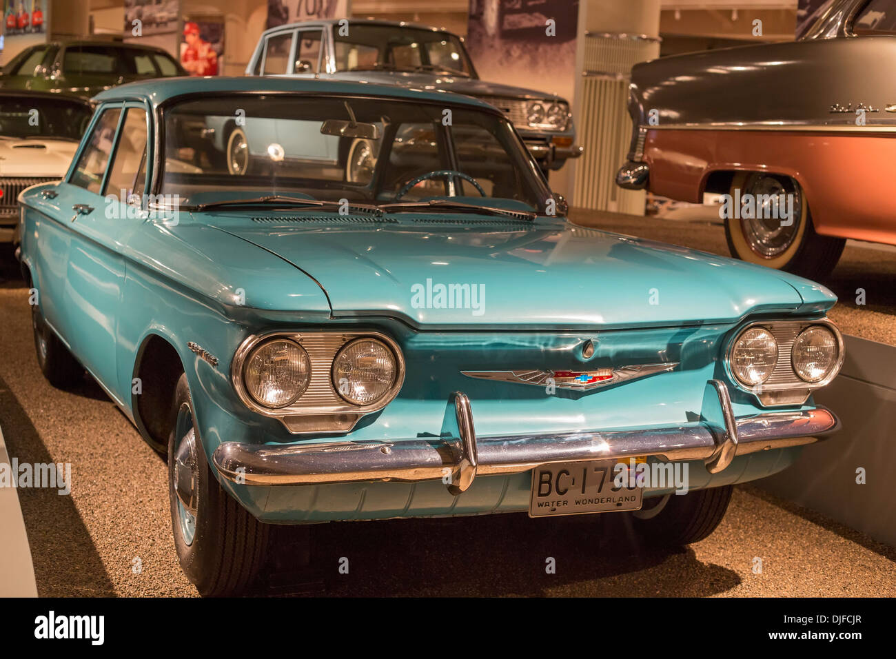 Dearborn, Michigan - 1960 Chevrolet Corvair im Henry Ford Museum ausgestellt. Stockfoto