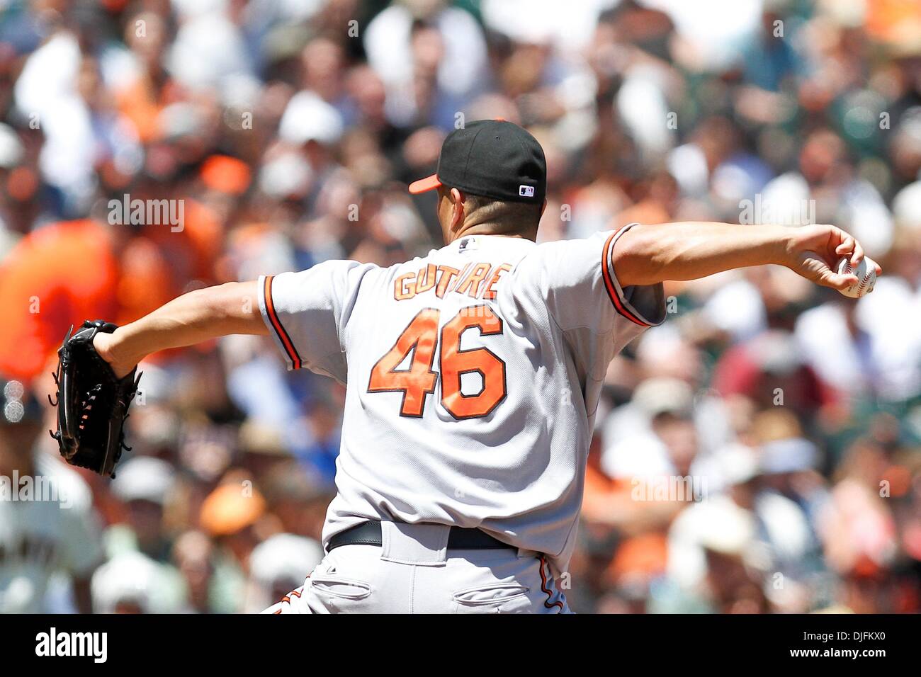 16. Juni 2010: San Francisco, Kalifornien: San Francisco Giants Gastgeber der Baltimore Orioles. Baltimore Orioles Start Krug Jeremy Guthrie (46) Stellplätze gegen die San Francisco Giants. Baltimore Orioles Start Krug Jeremy Guthrie (46) Giants gewinnen das Spiel 6: 3. (Kredit-Bild: © Dinno Kovic/Southcreek Global/ZUMApress.com) Stockfoto